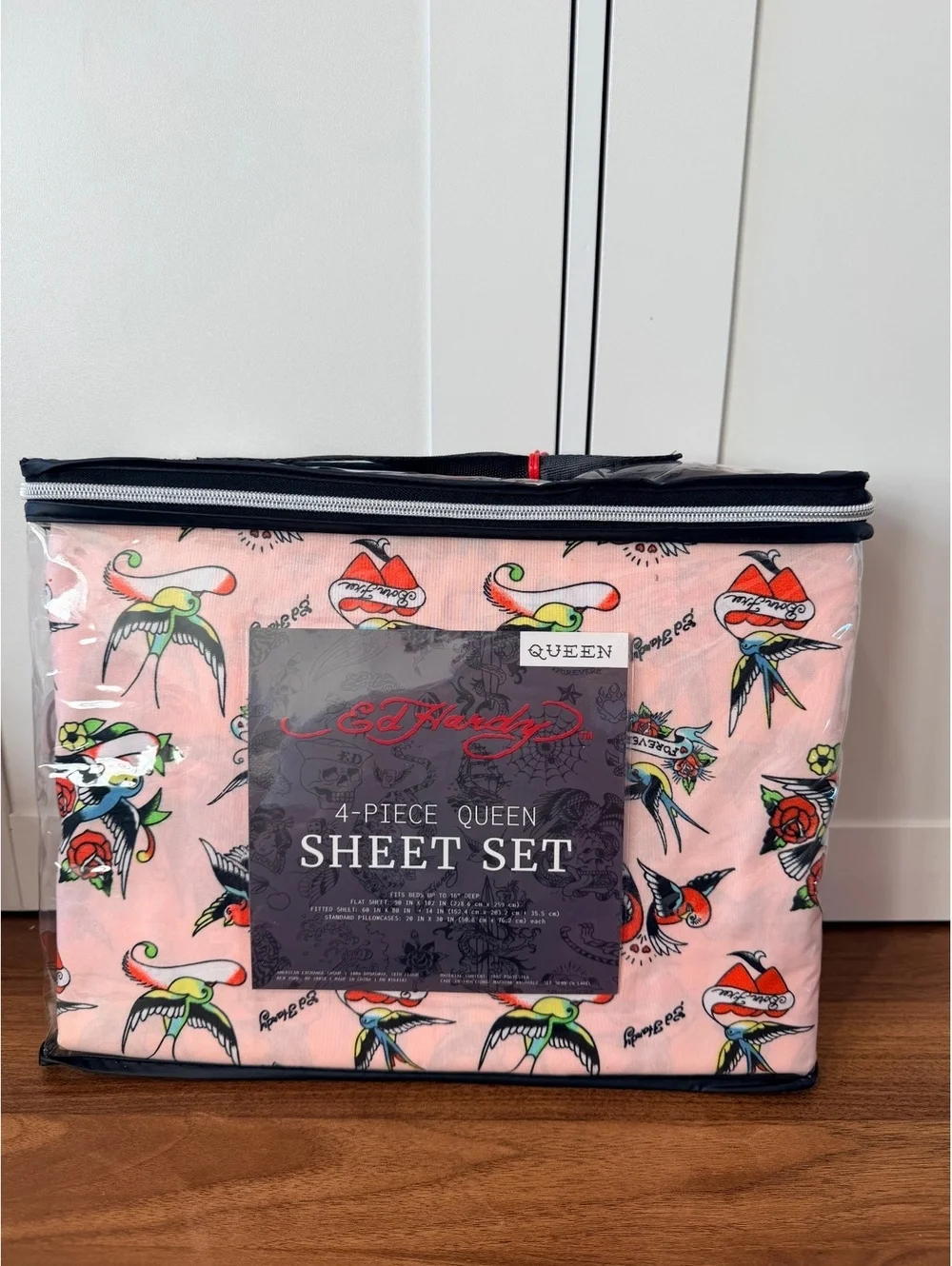 Ed Hardy 4-Piece Queen Sheet Set Pink Tattoo Print